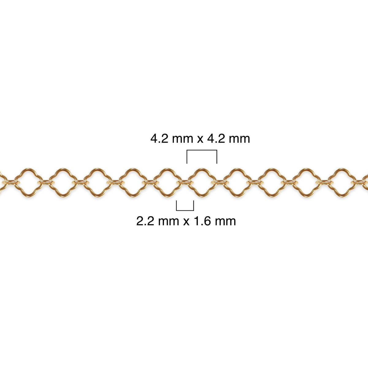 Gold filled clover chain with measurements on a white background