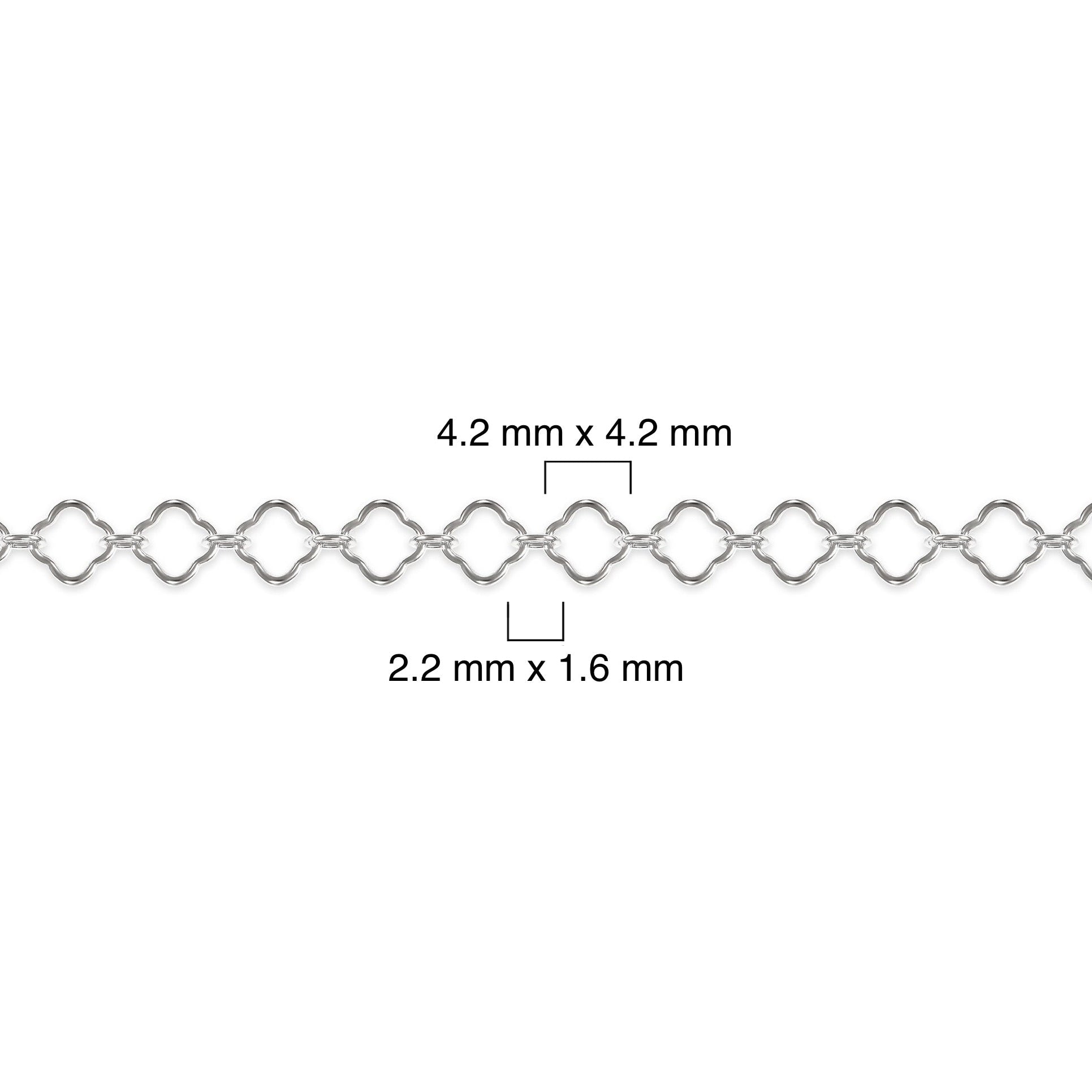 Sterling silver clover chain with measurements on a white background