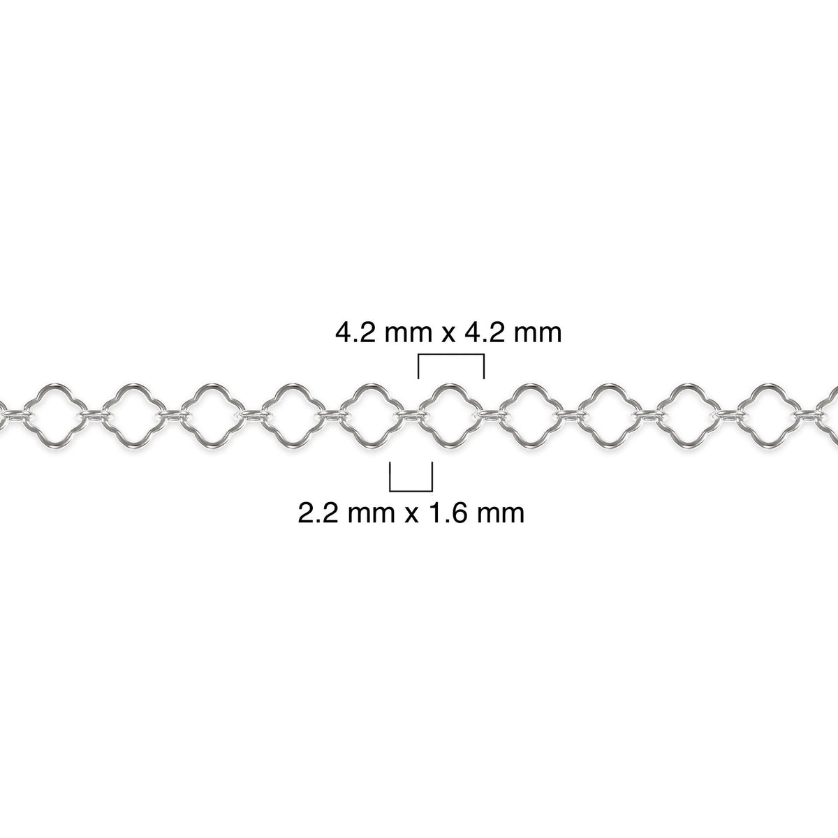 Sterling silver clover chain with measurements on a white background