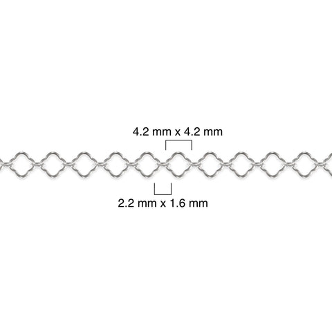 Sterling silver clover chain with measurements on a white background
