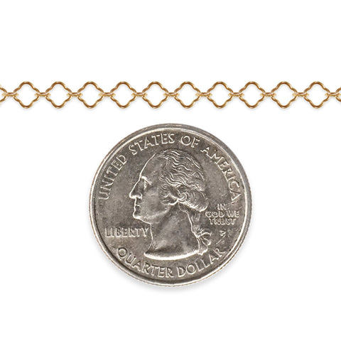 Gold filled clover chain with a quarter dollar coin on a white background