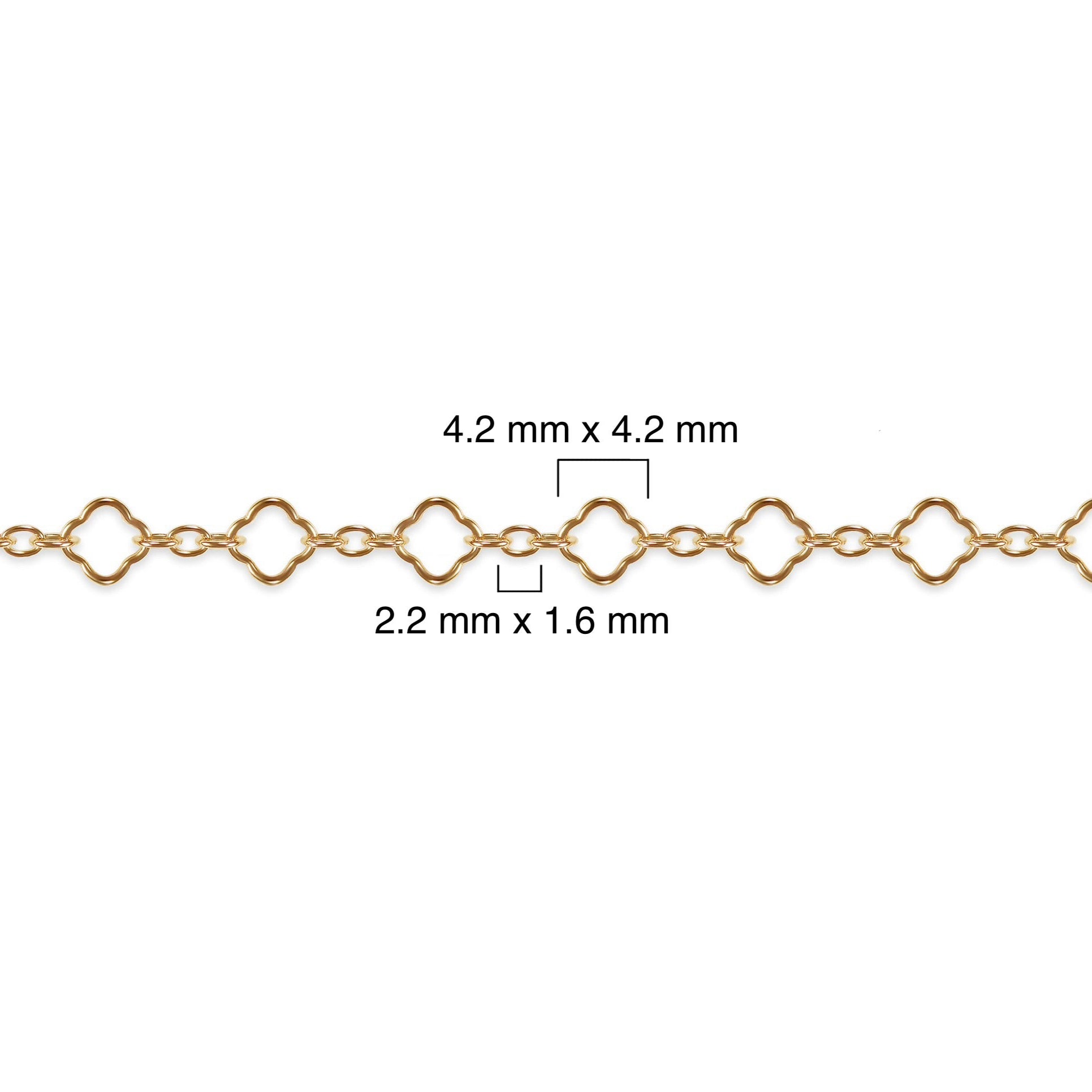 Gold filled clover chain with measurements on a white background