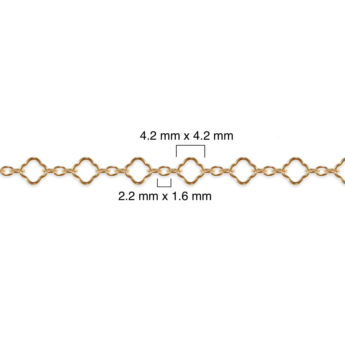 Gold filled clover chain with measurements on a white background