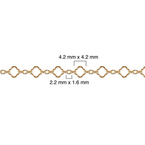 Gold filled clover chain with measurements on a white background