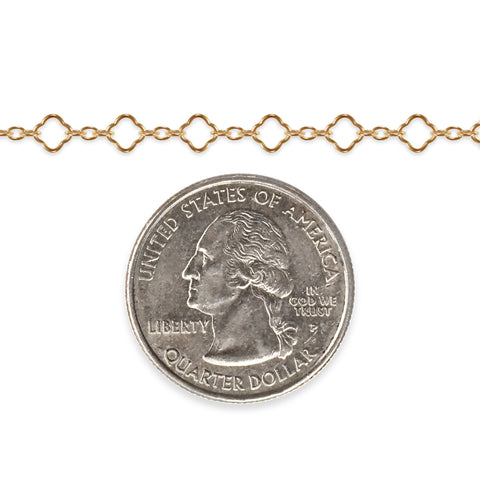 Gold filled clover chain with a quarter dollar coin on a white background
