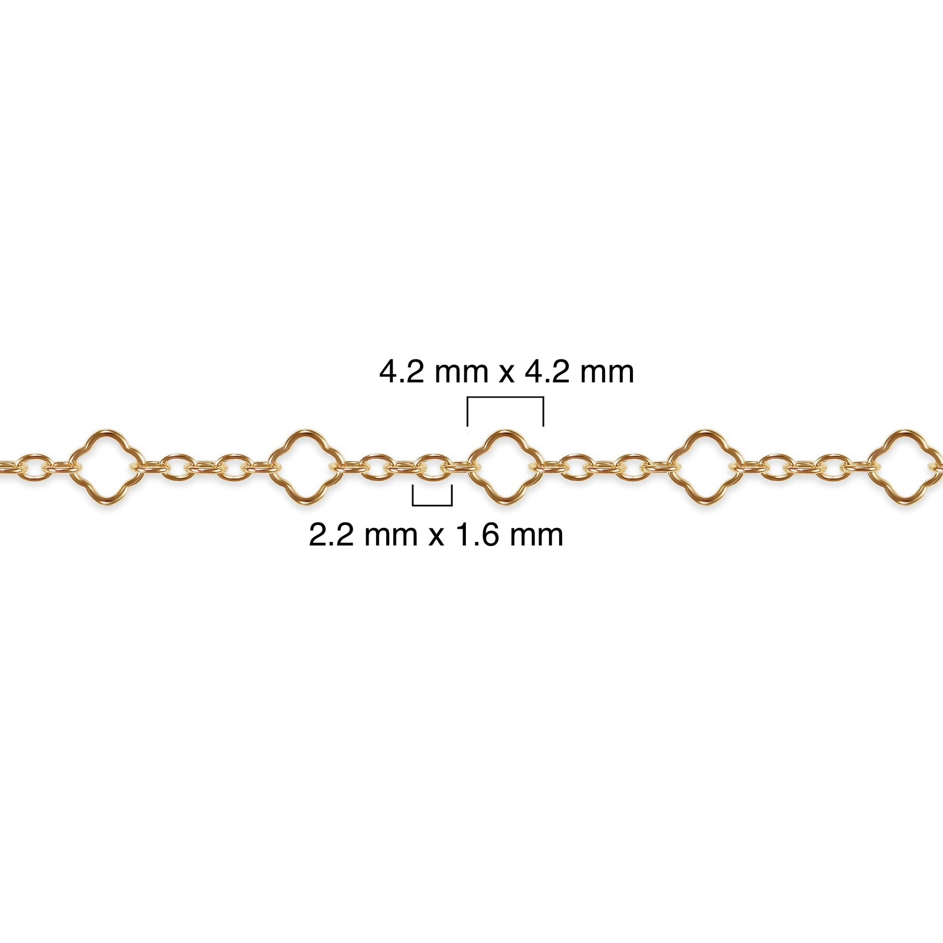 Gold filled clover chain with measurements on a white background