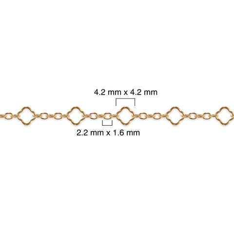 Gold filled clover chain with measurements on a white background
