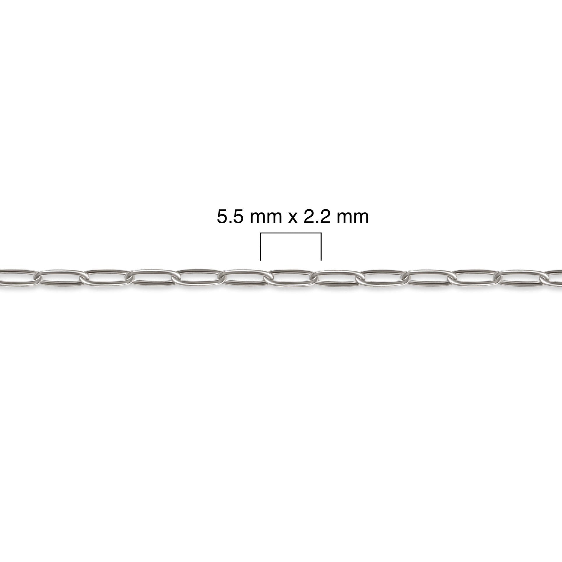 Sterling silver paperclip chain with measurement details on a white background