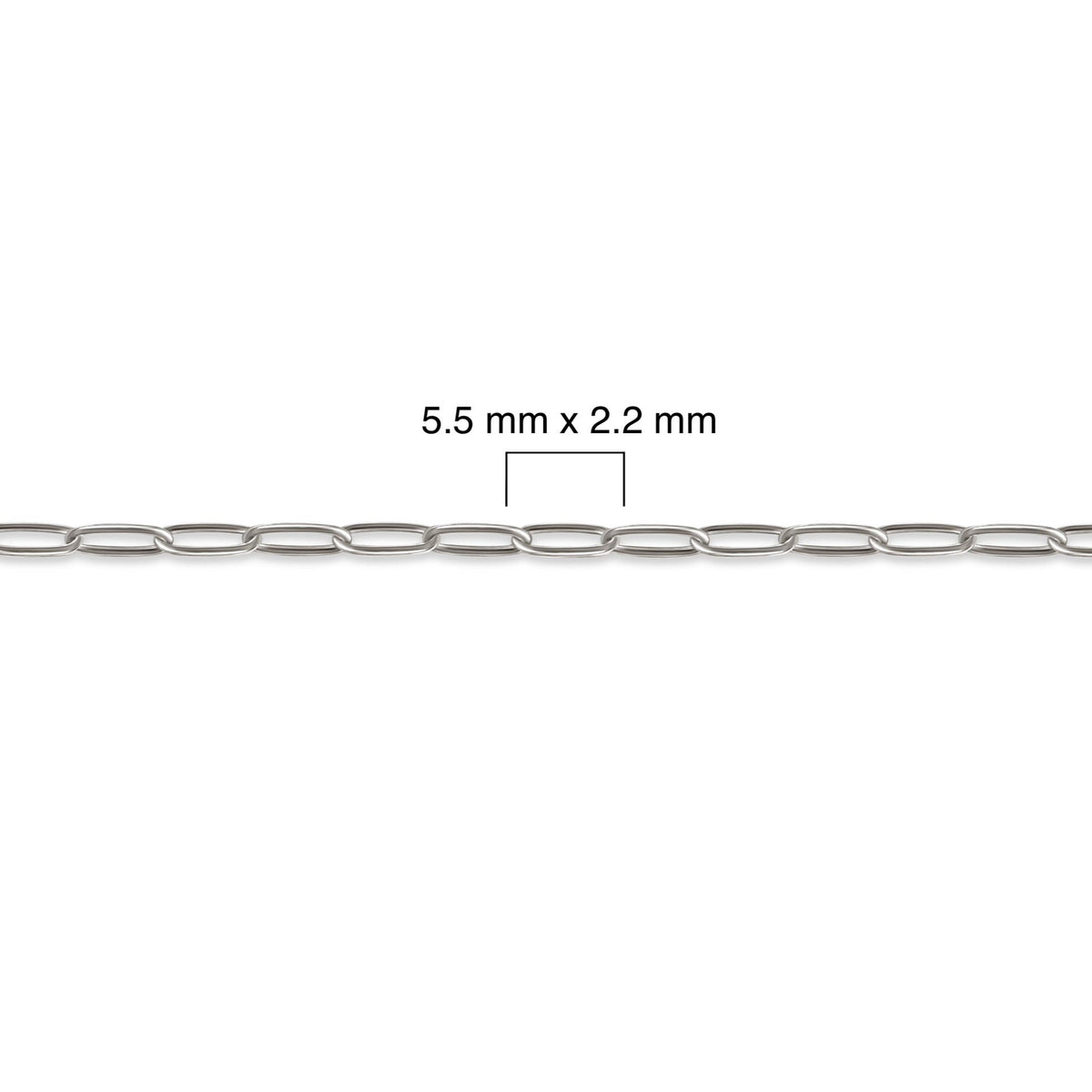 Sterling silver paperclip chain with measurement details on a white background