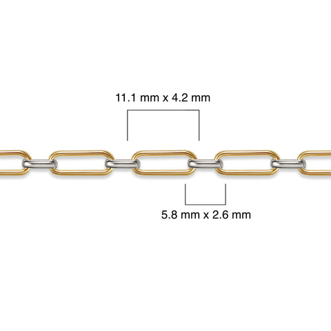 Gold-filled and silver chain with measurements on a white background