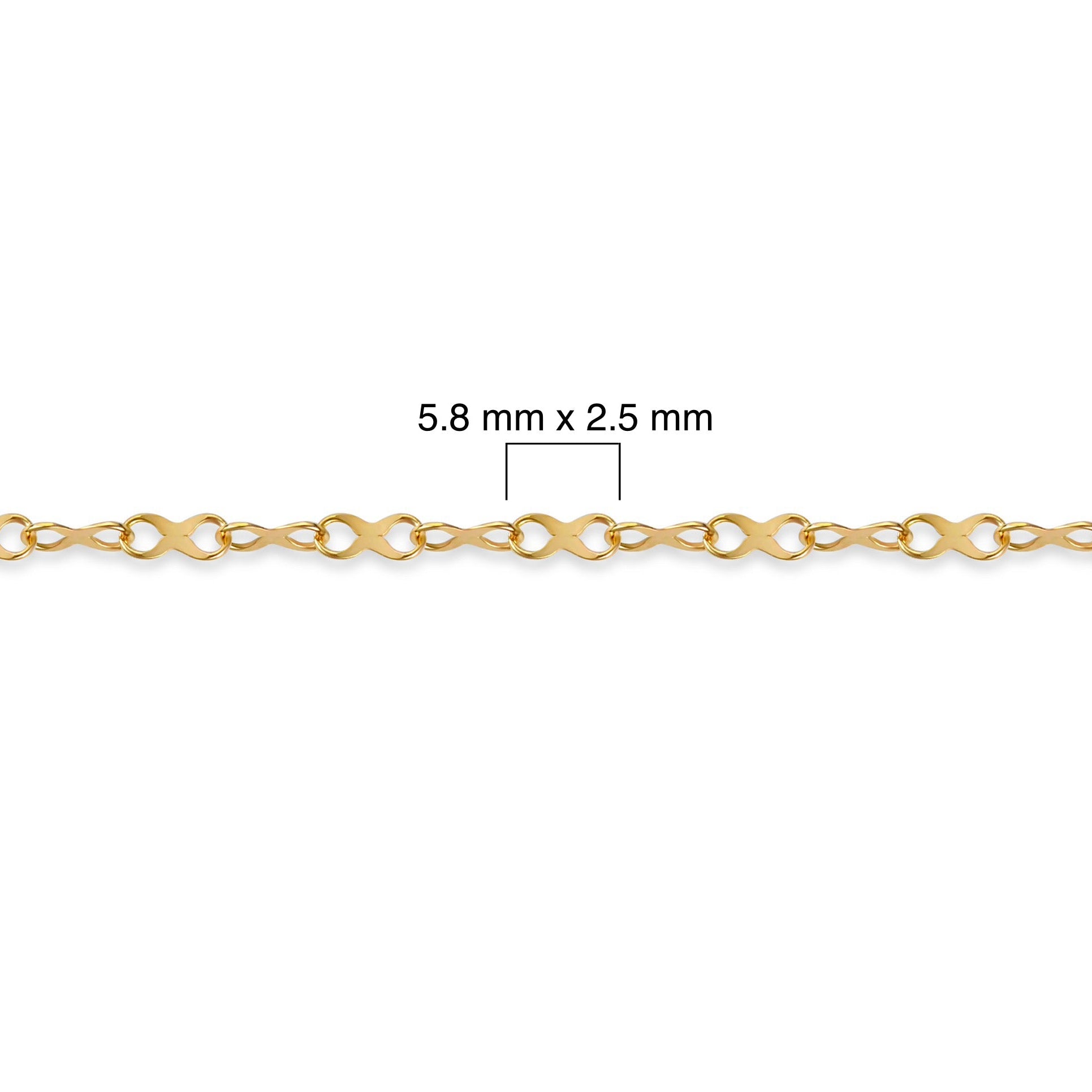 Gold-filled chain with measurement details on a white background