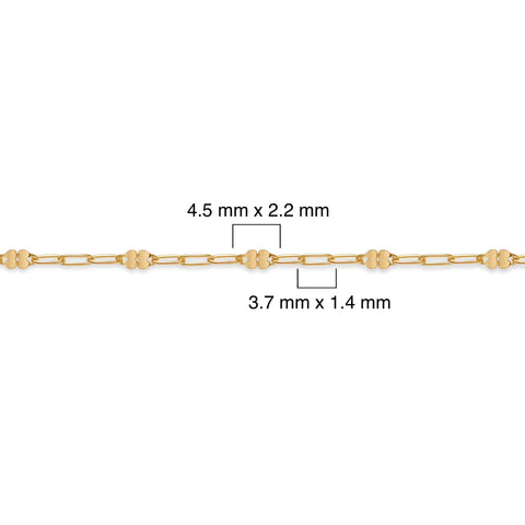 Gold-filled chain with measurements on a white background