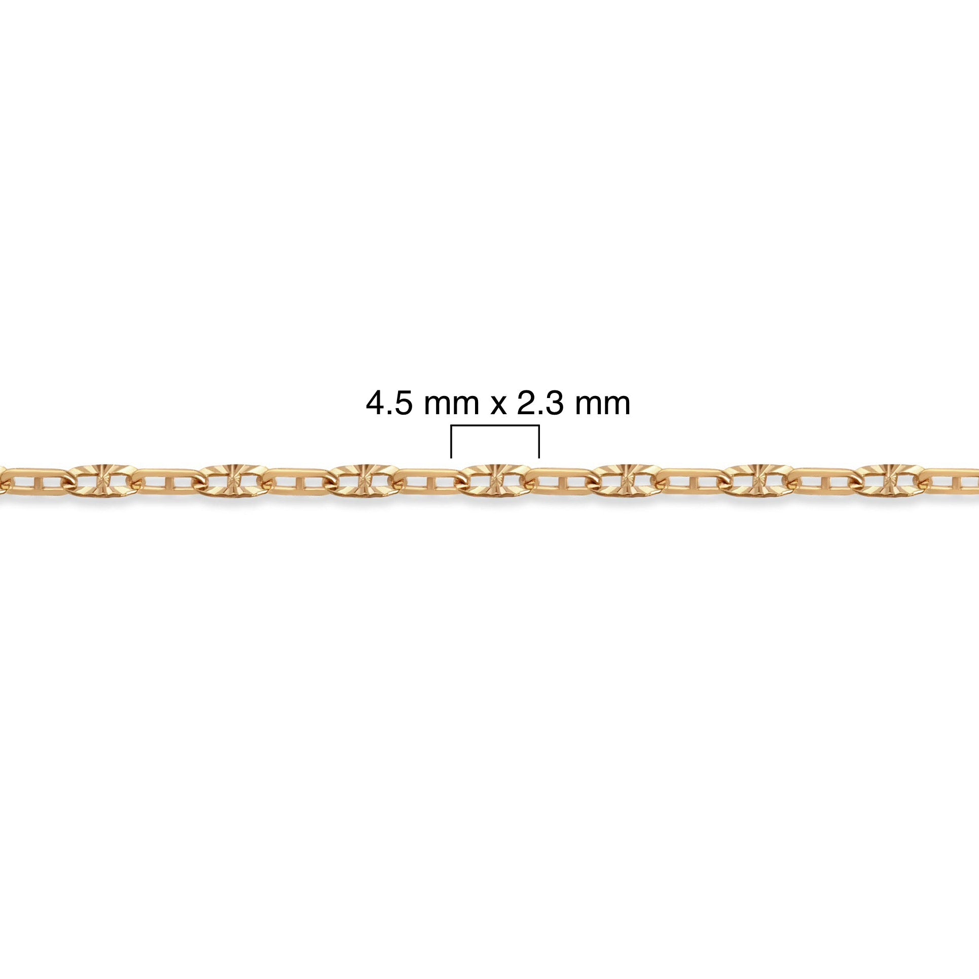 14/20 gold-filled mariner chain with dimensions labeled on a white background