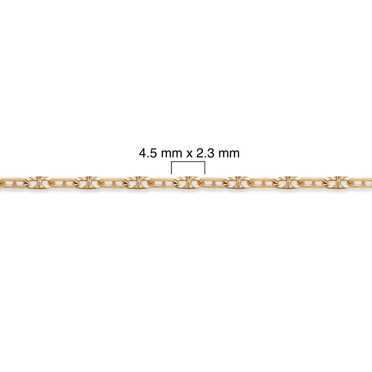 14/20 gold-filled mariner chain with dimensions labeled on a white background