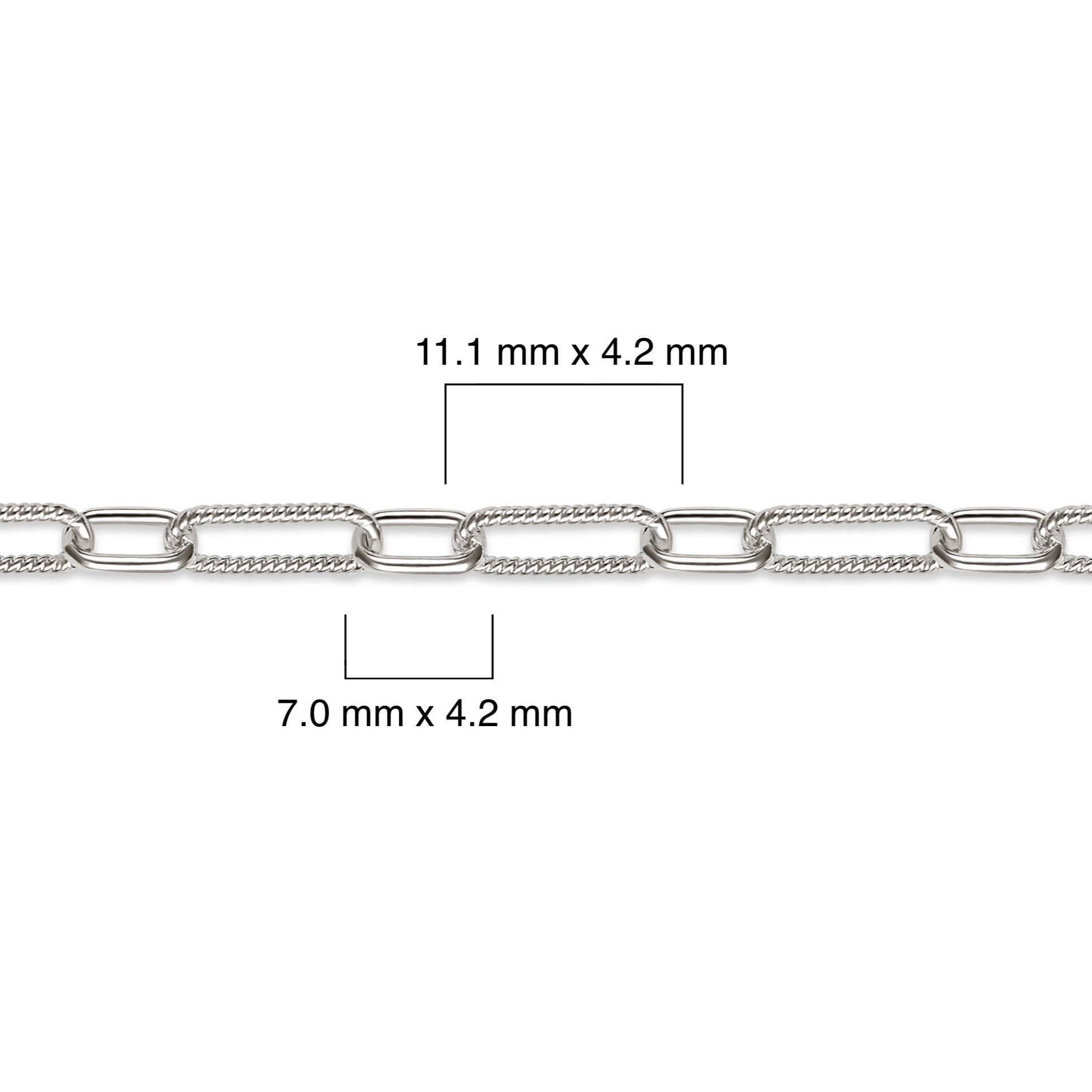 Sterling silver paperclip chain with measurements on a white background