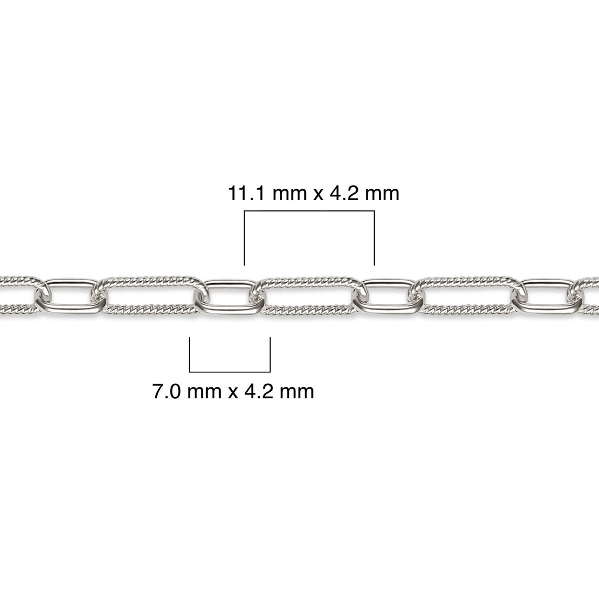 Sterling silver paperclip chain with measurements on a white background