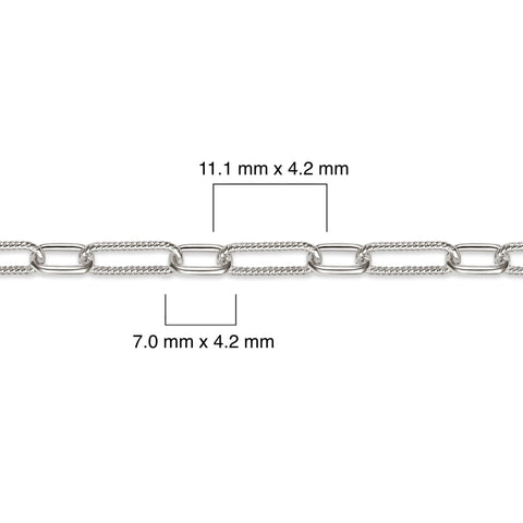 Sterling silver paperclip chain with measurements on a white background