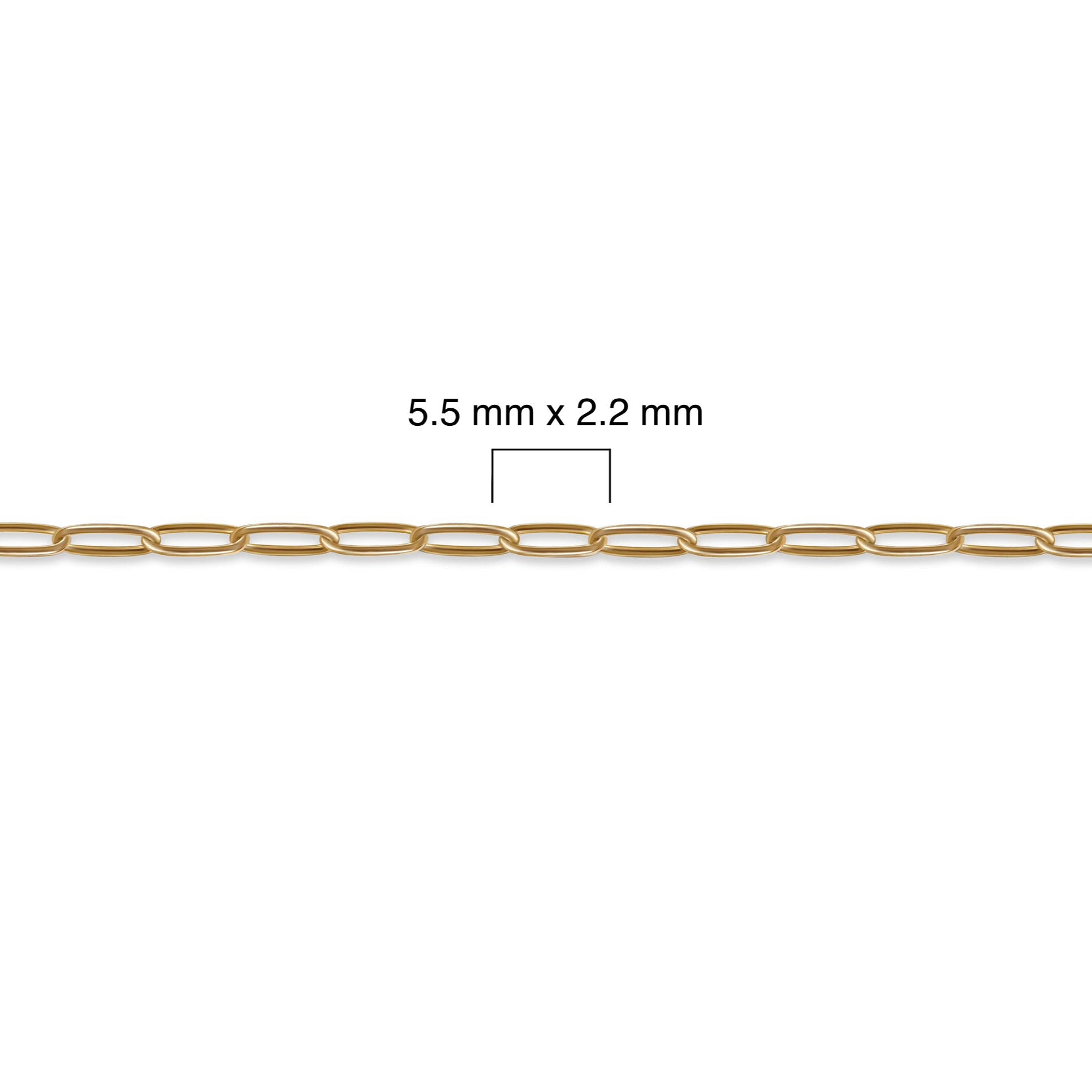 Gold-filled paperclip chain with dimensions labeled on a white background