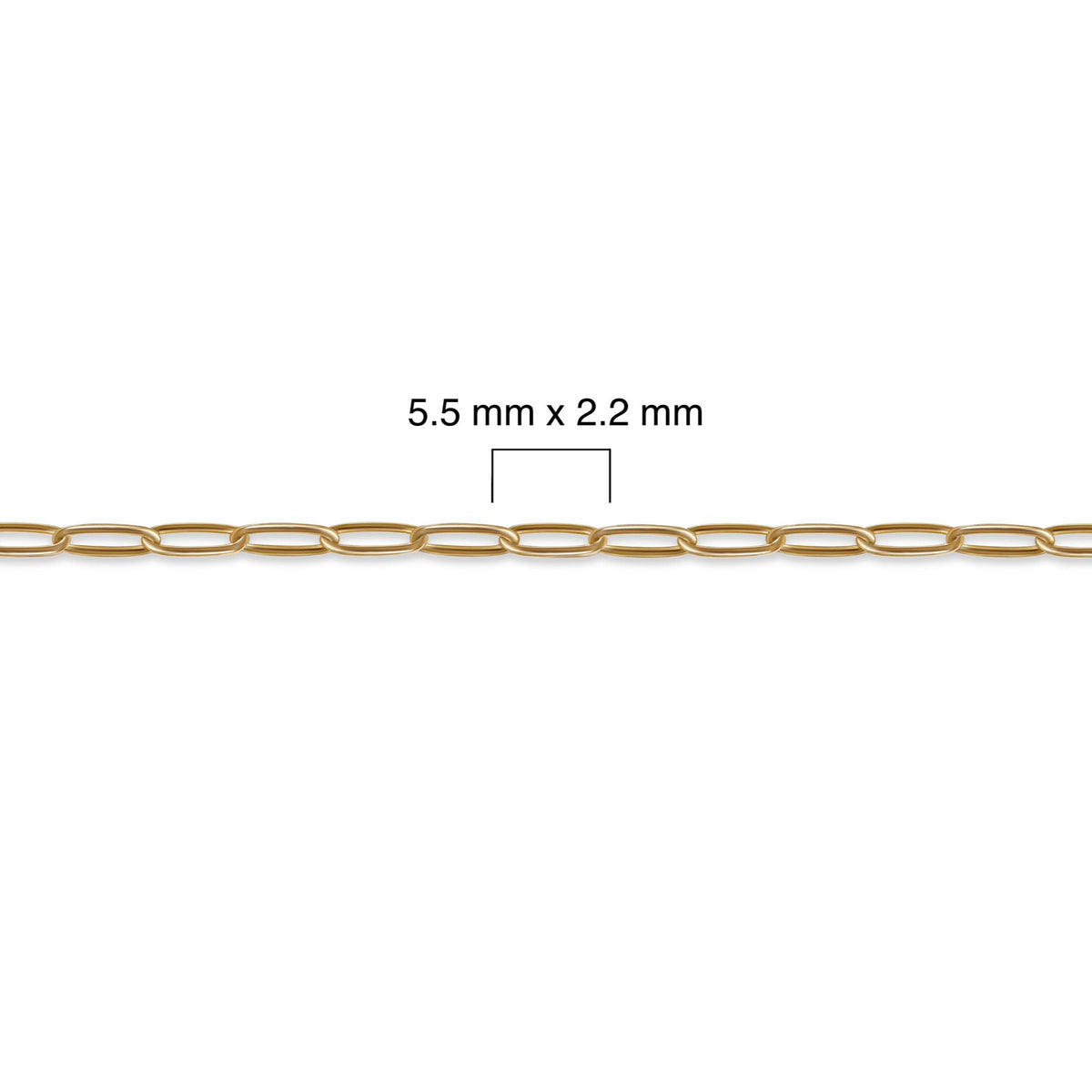 Gold-filled paperclip chain with dimensions labeled on a white background