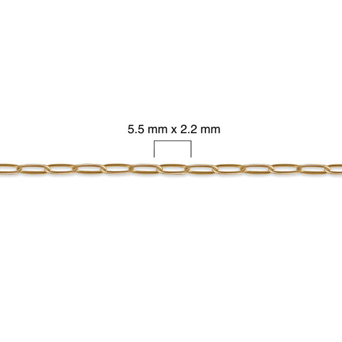 Gold-filled paperclip chain with dimensions labeled on a white background
