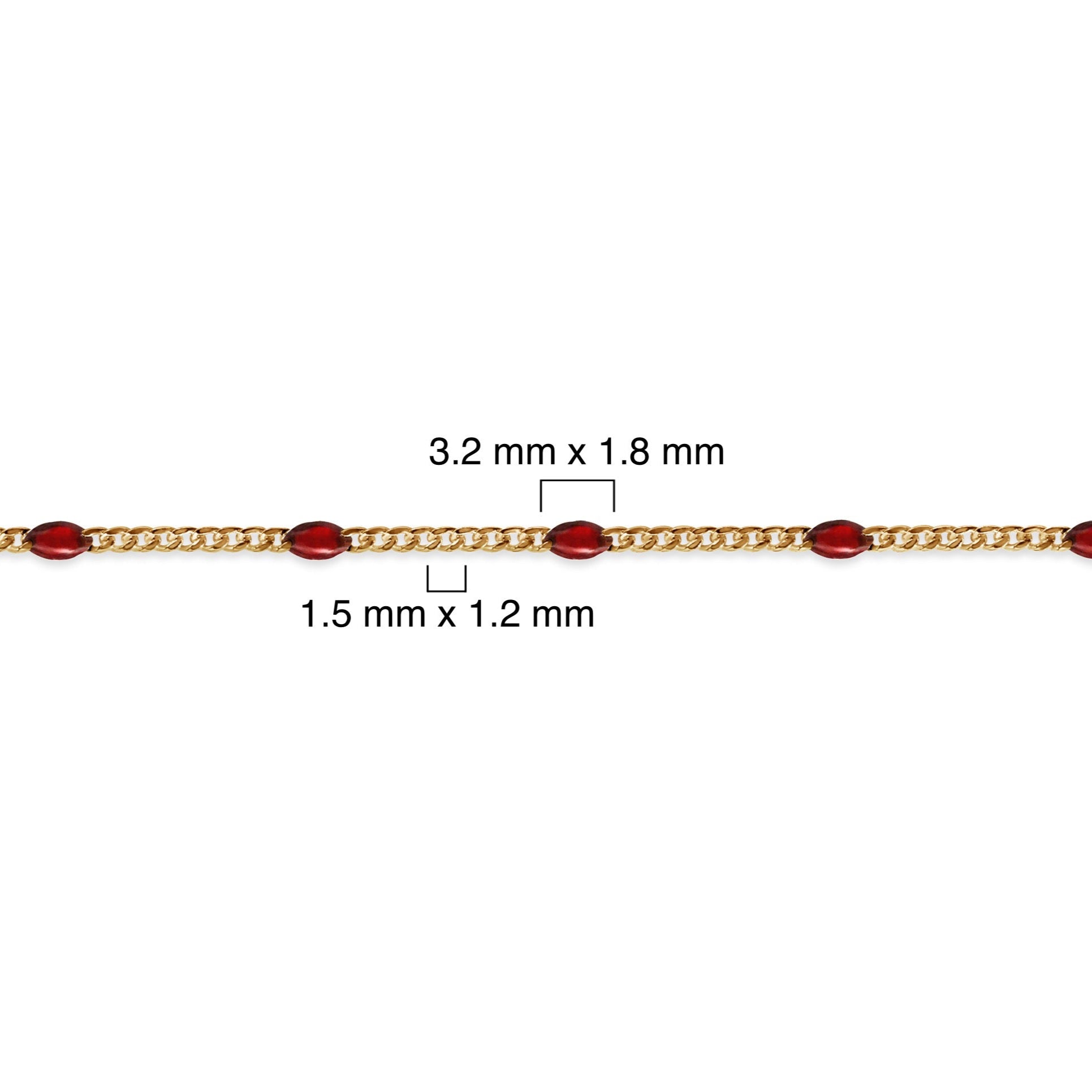 Gold filled chain with red enamel on a white background with measurement details 