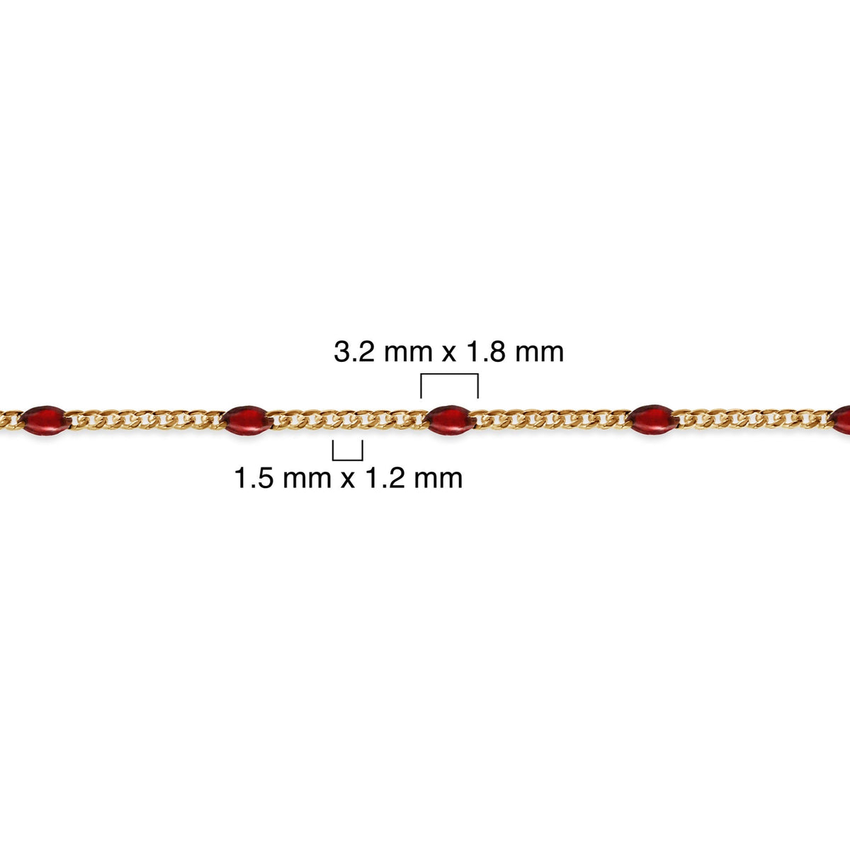 Gold filled chain with red enamel on a white background with measurement details 