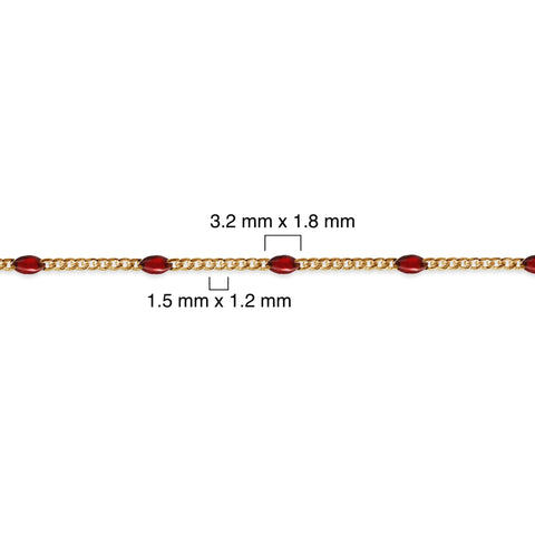 Gold filled chain with red enamel on a white background with measurement details 