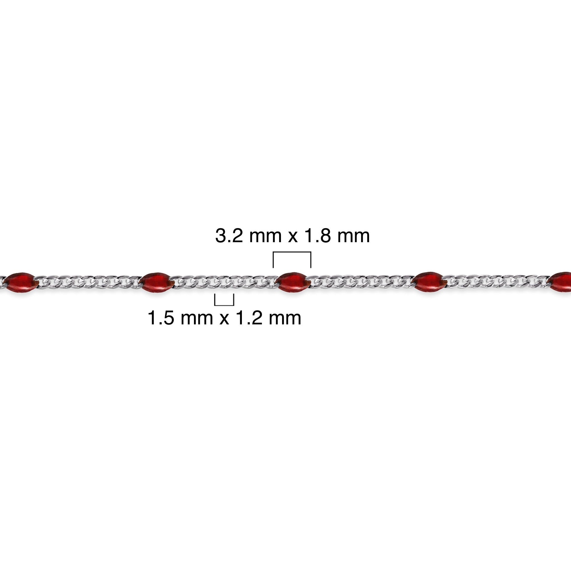 Sterling silver chain with red enamel on a white background with measurement details 