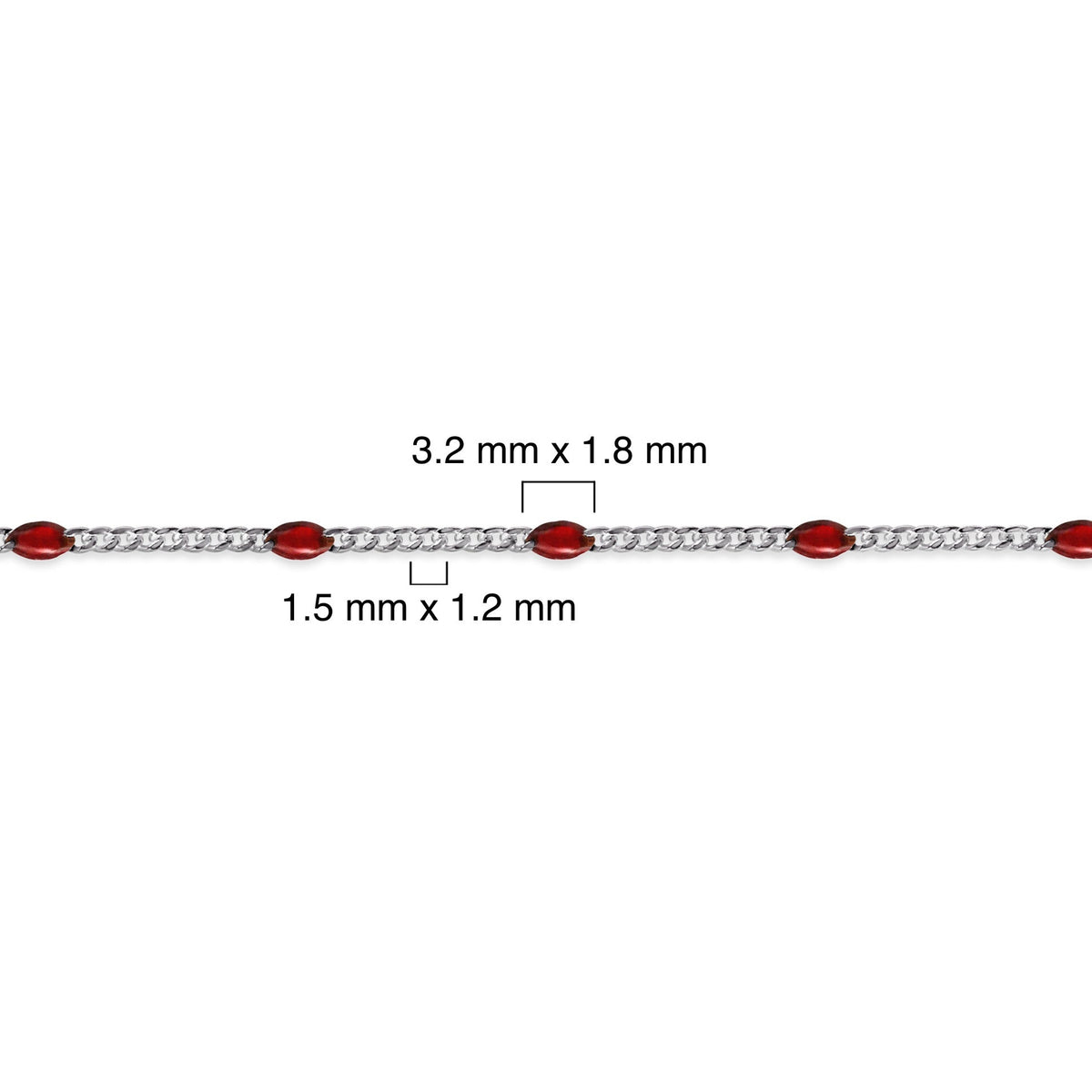 Sterling silver chain with red enamel on a white background with measurement details 