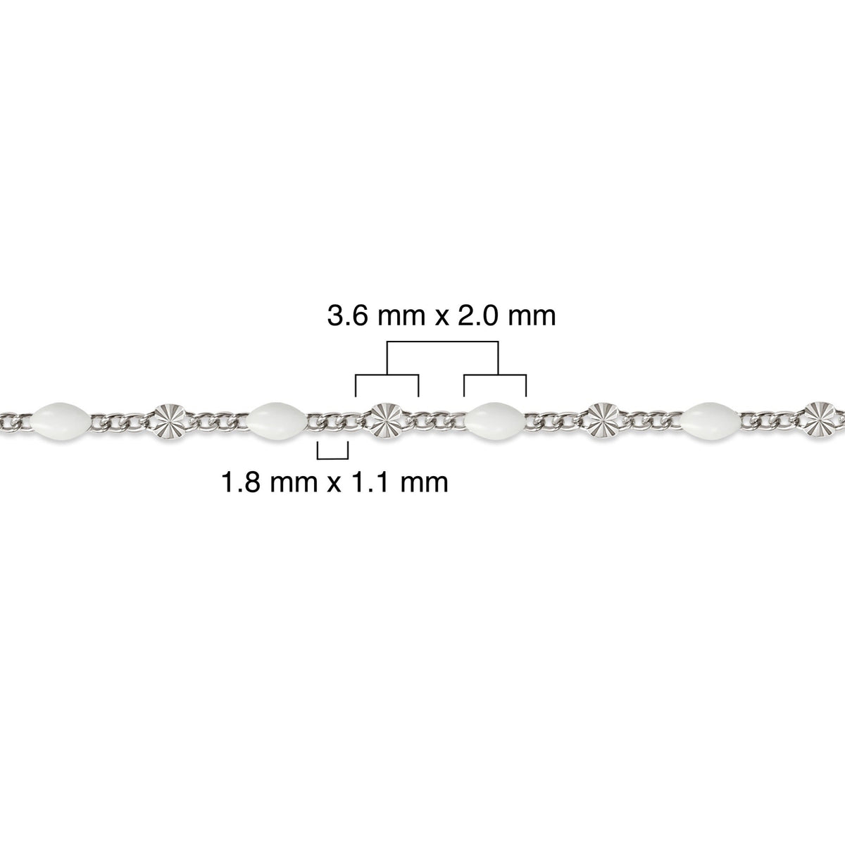 Sterling silver chain with white enamel and measurement details on a white background 