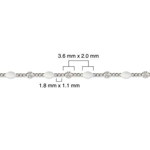 Sterling silver chain with white enamel and measurement details on a white background 