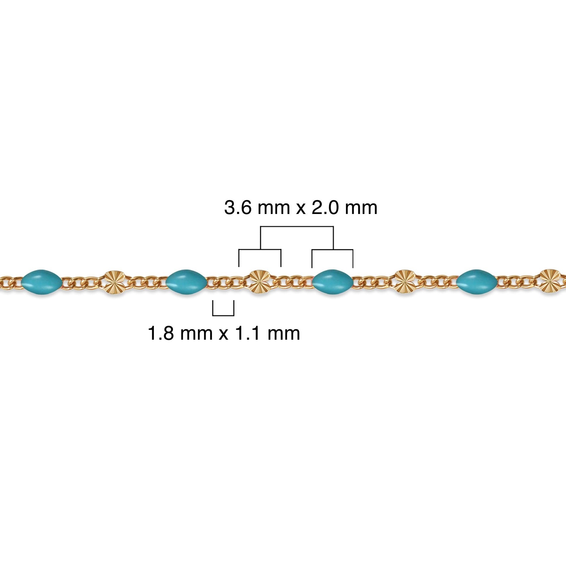 Gold filled chain with blue enamel and measurements on a white background