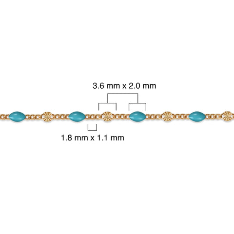 Gold filled chain with blue enamel and measurements on a white background