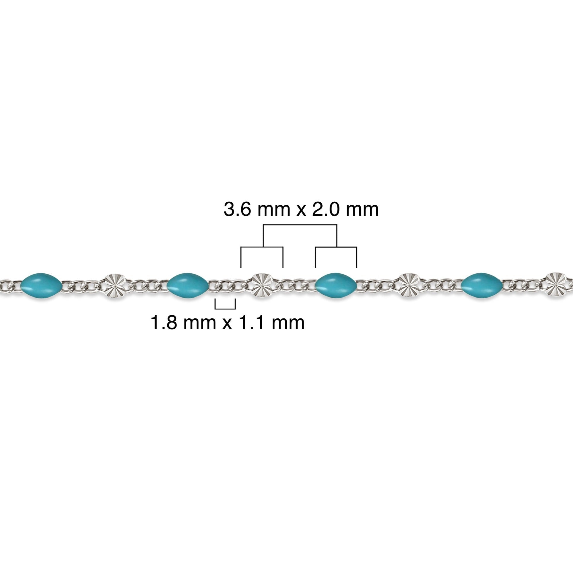 Sterling silver chain with blue enamel and measurement details on a white background 