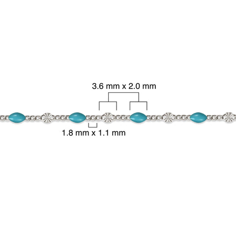 Sterling silver chain with blue enamel and measurement details on a white background 