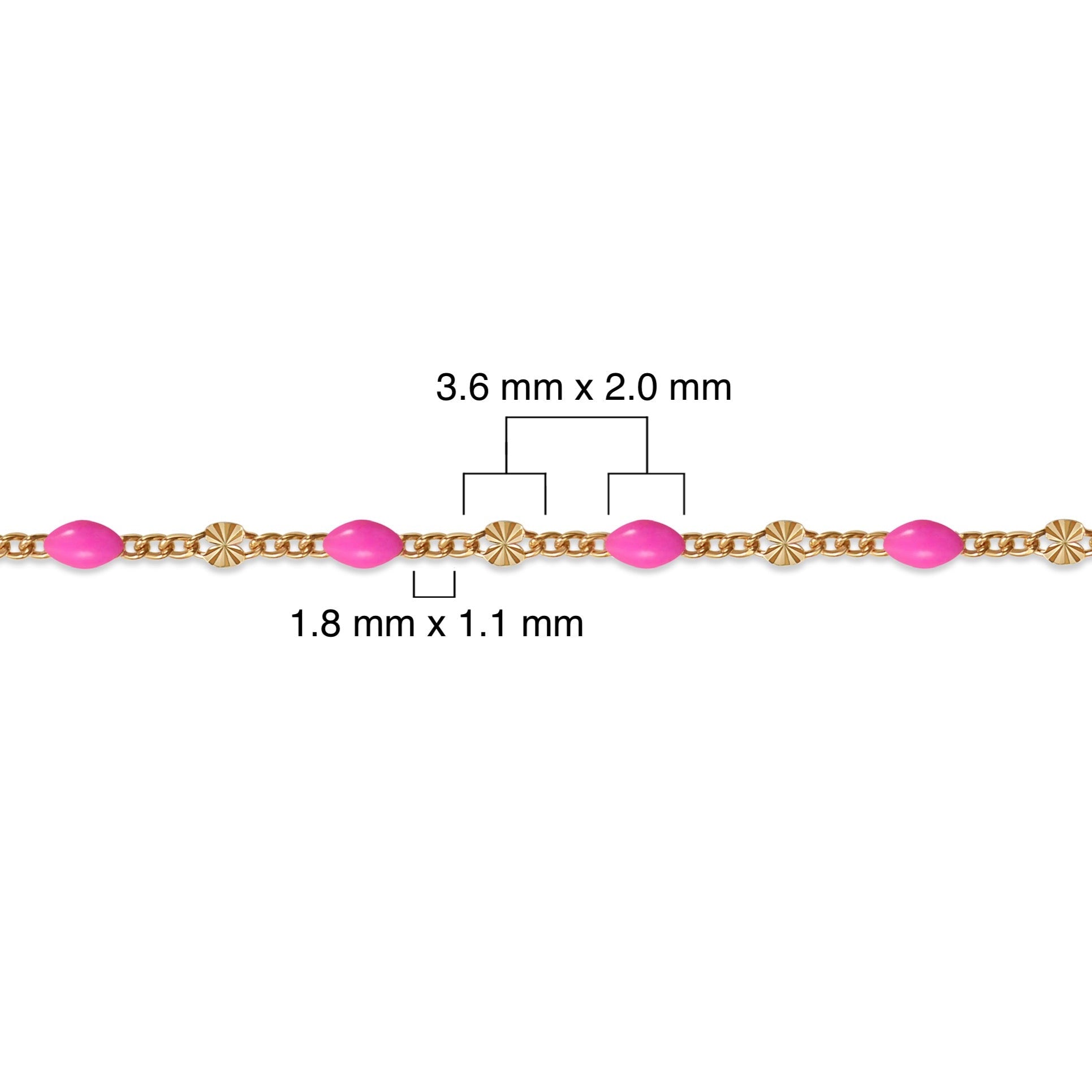 Gold filled chain with pink enamel and measurements on a white background