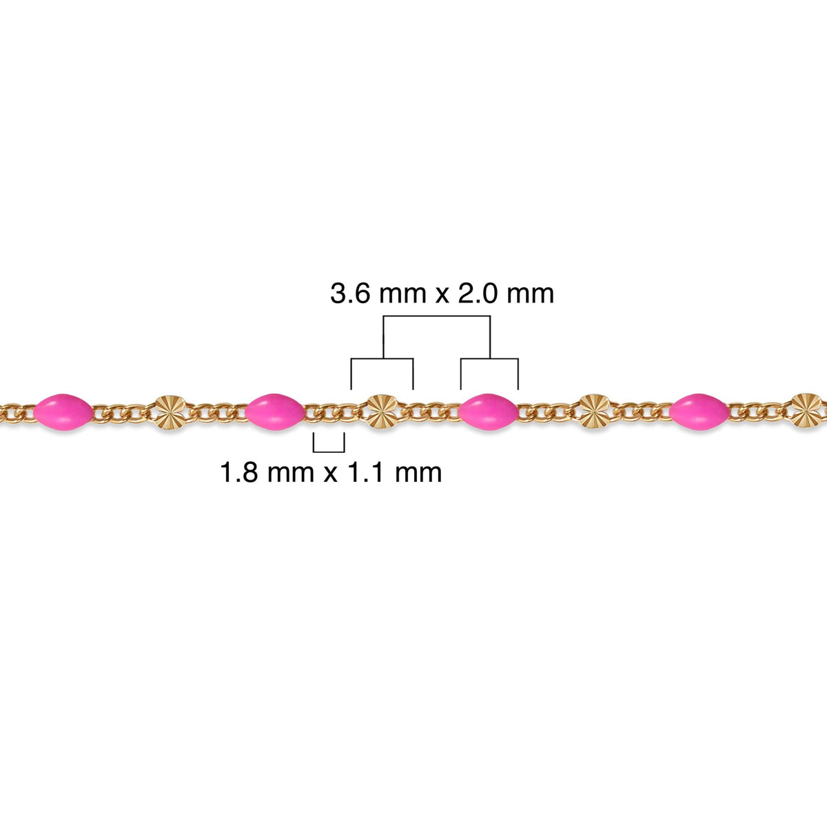 Gold filled chain with pink enamel and measurements on a white background