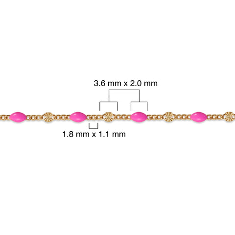 Gold filled chain with pink enamel and measurements on a white background