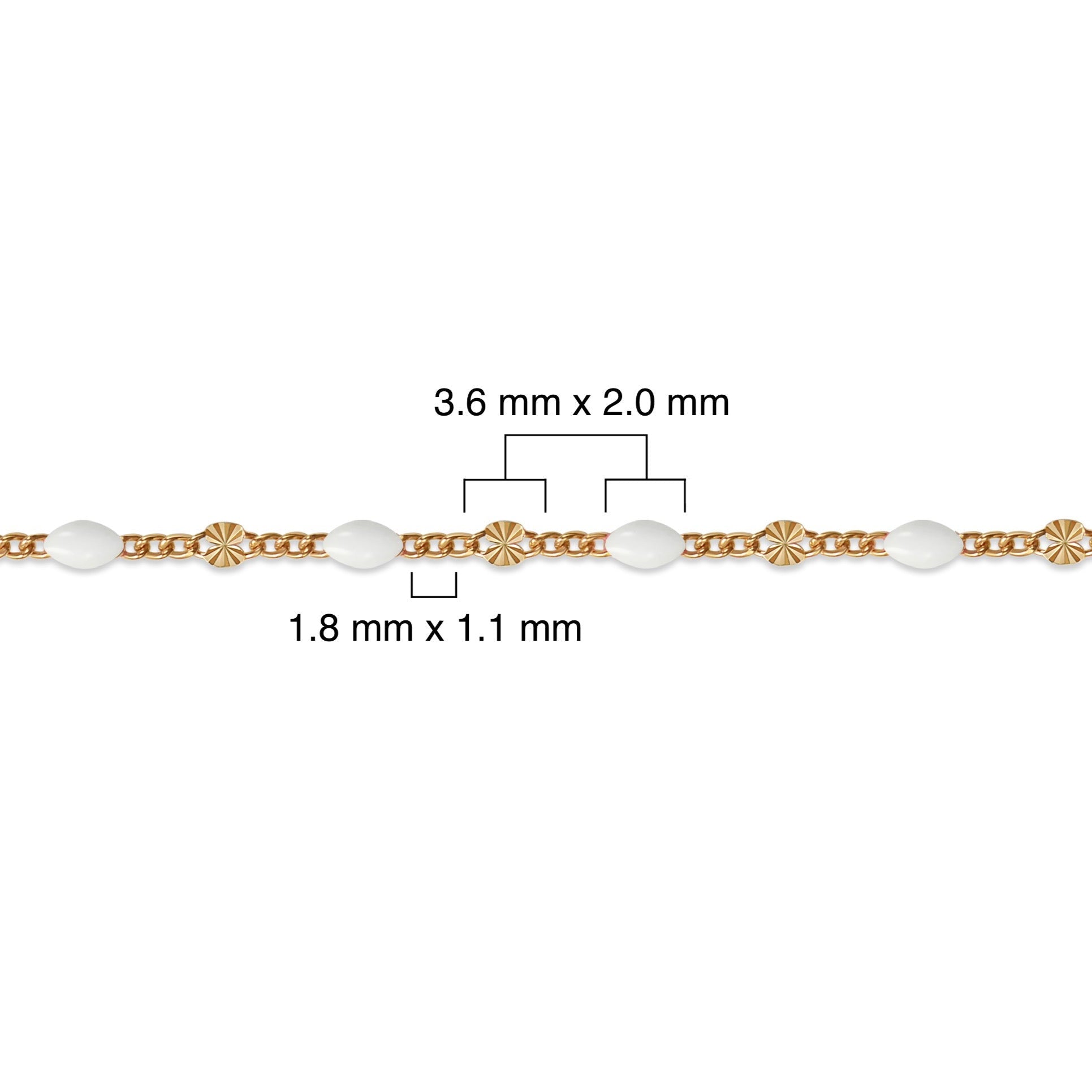 Gold filled chain with white enamel and measurements on a white background
