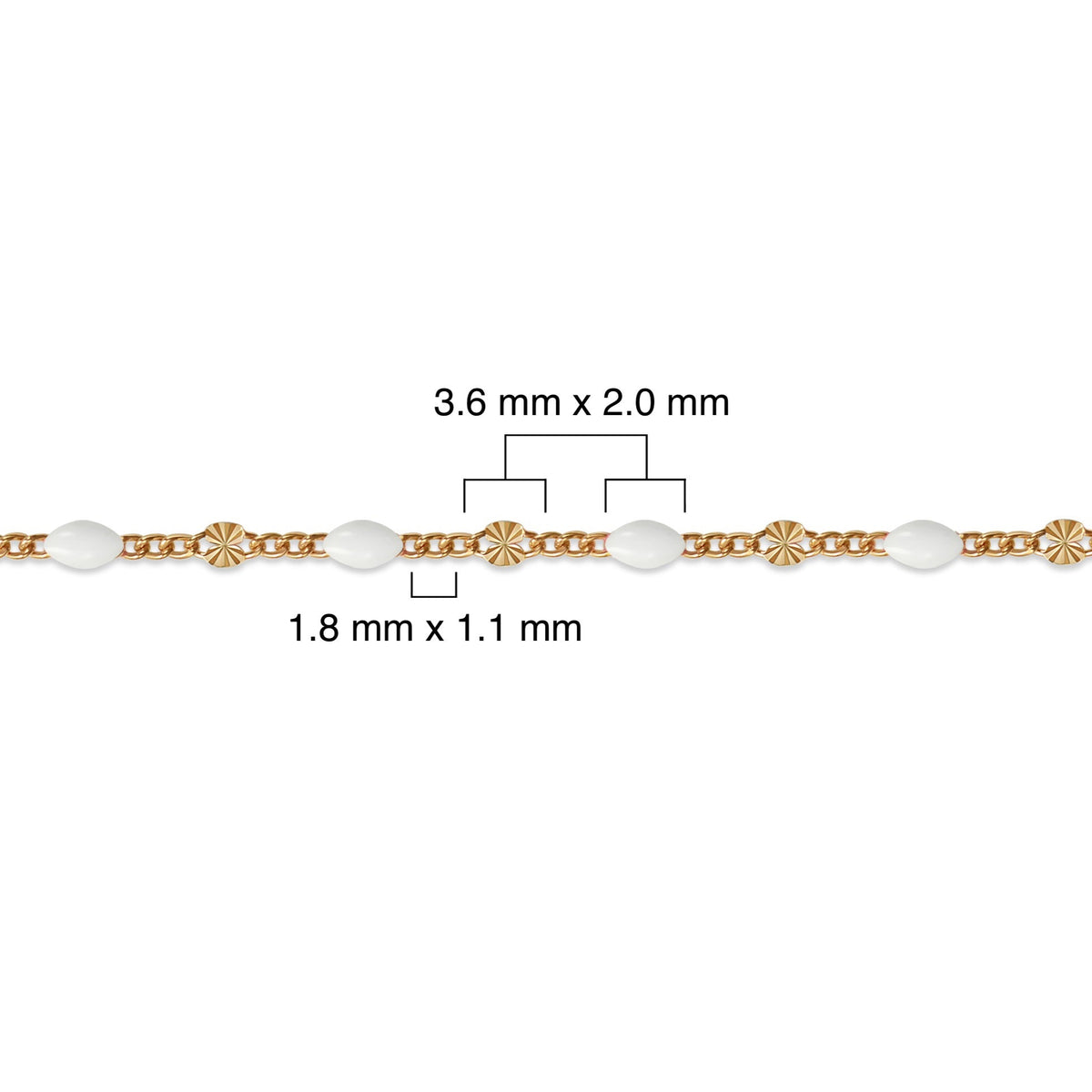 Gold filled chain with white enamel and measurements on a white background