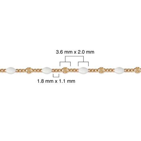 Gold filled chain with white enamel and measurements on a white background