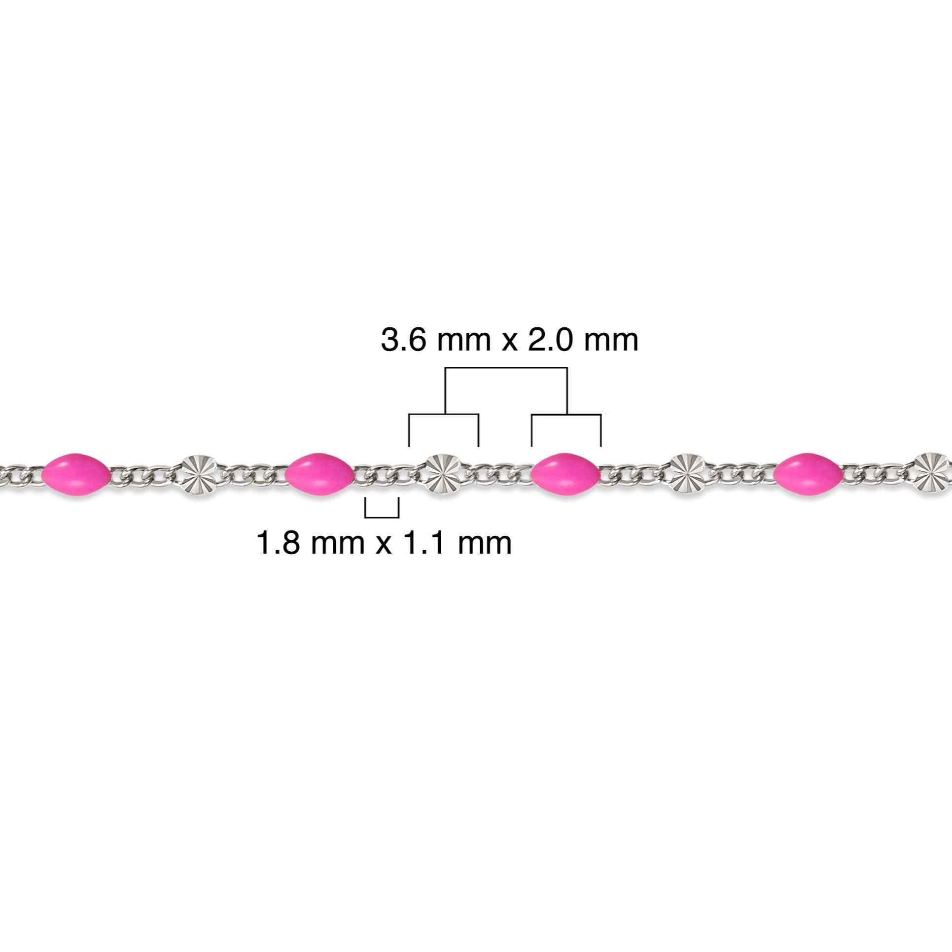 Sterling silver chain with pink enamel and measurement details on a white background 