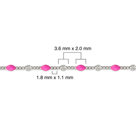 Sterling silver chain with pink enamel and measurement details on a white background 