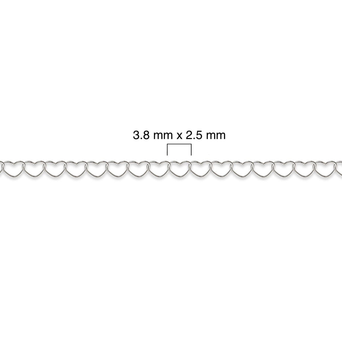 Sterling silver heart chain with measurement details on a white background