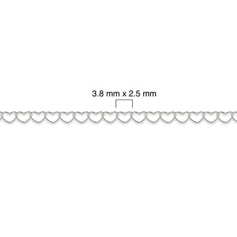 Sterling silver heart chain with measurement details on a white background