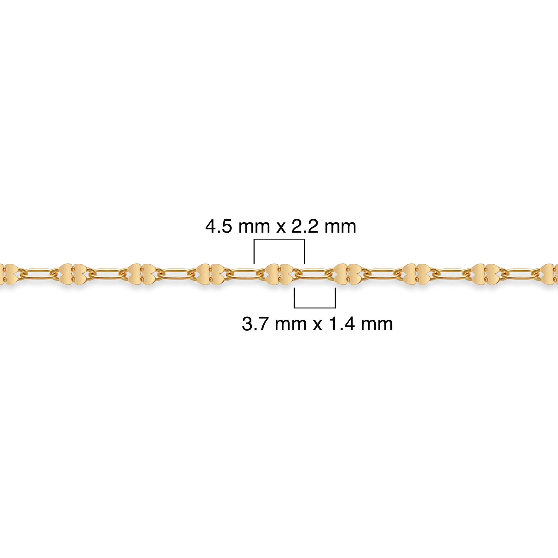 Gold-filled chain with measurements on a white background