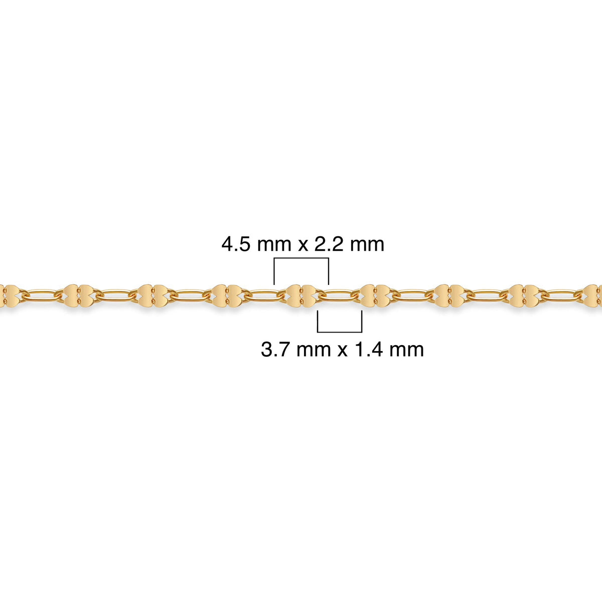 Gold-filled chain with measurements on a white background