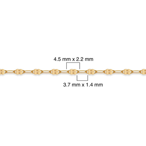 Gold-filled chain with measurements on a white background