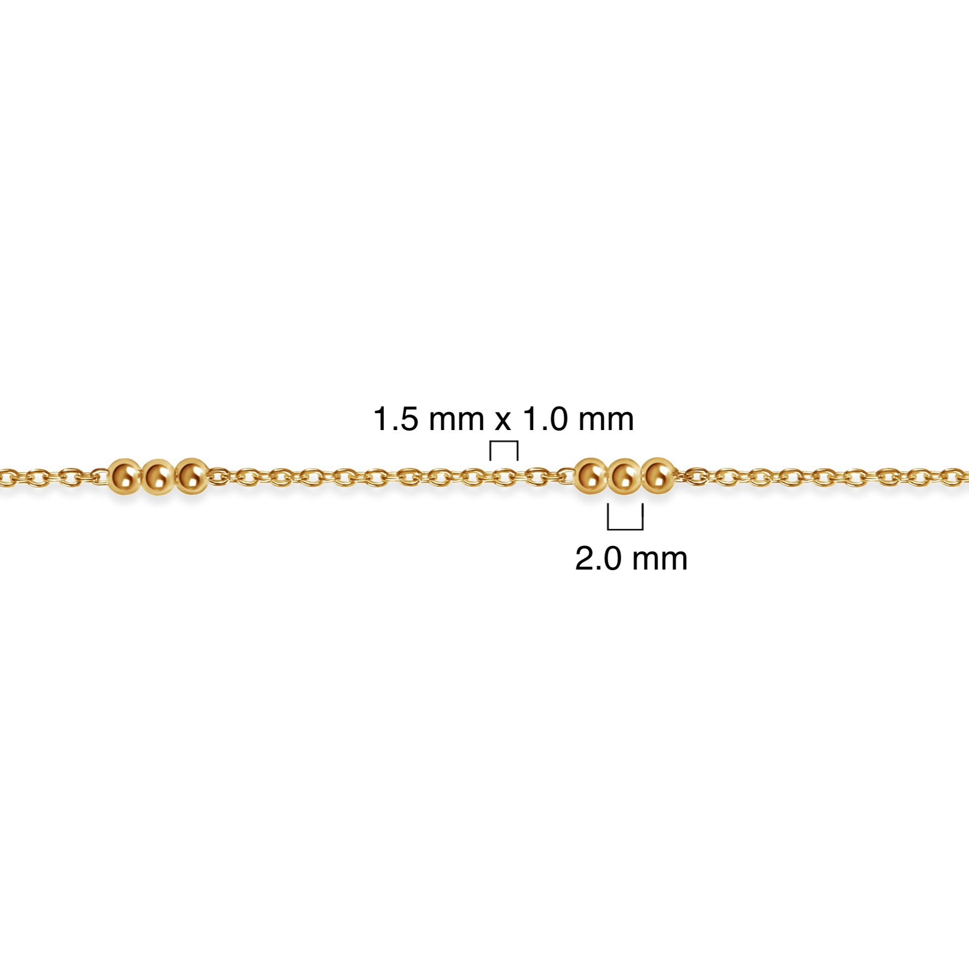 Gold-filled chain with measurement details on a white background