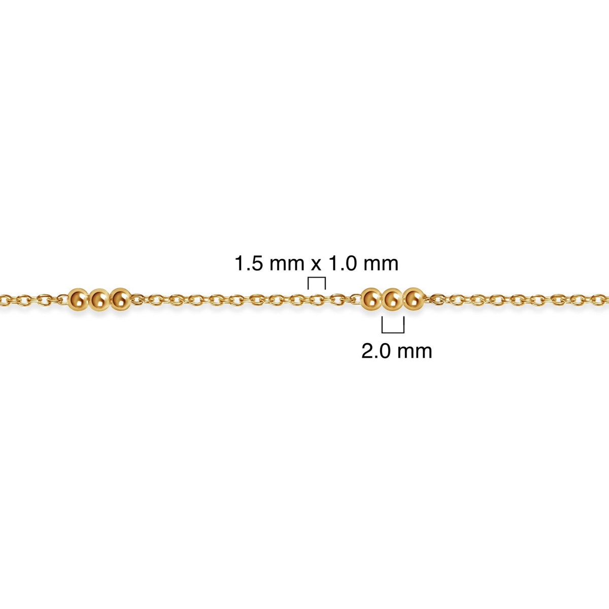 Gold-filled chain with measurement details on a white background